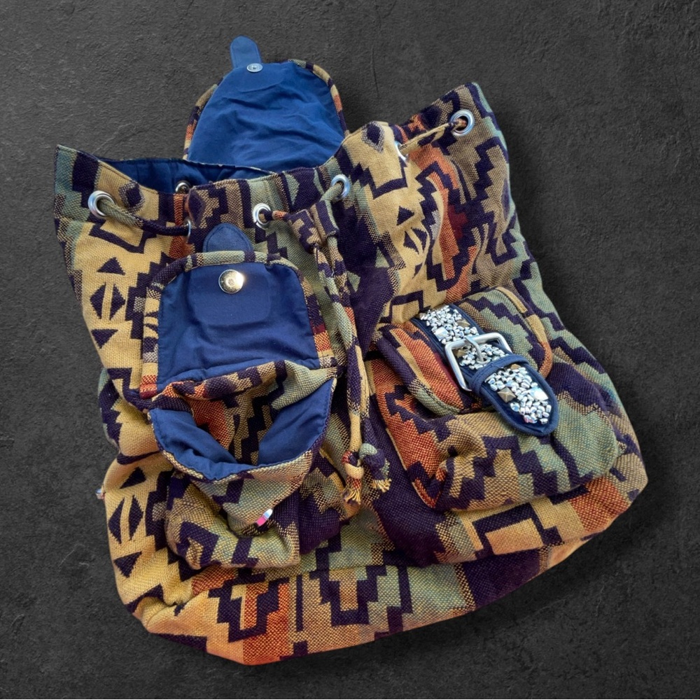 UO Urban Outfitters Southwest Western Aztec Stud Accent Drawstring Backpack Bag - Picture 7 of 13